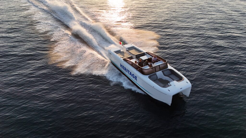 Heritage 36 power catamaran at sunset